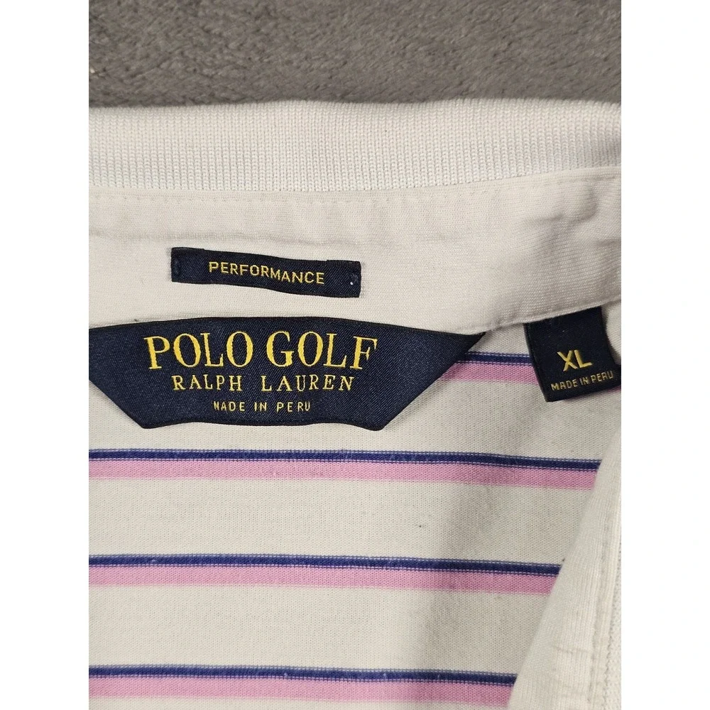 Polo Golf Ralph Lauren Performance Polo Mens XL White Pink Stripe Bellagio‎ Pony